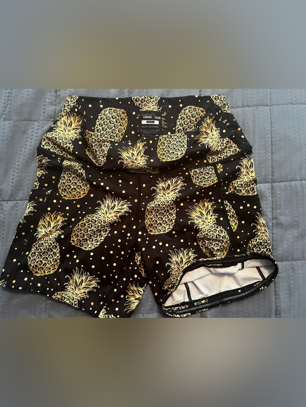 Constantly Varied Gear Black Athletic Shorts with Gold Pineapple Print
5” inseam